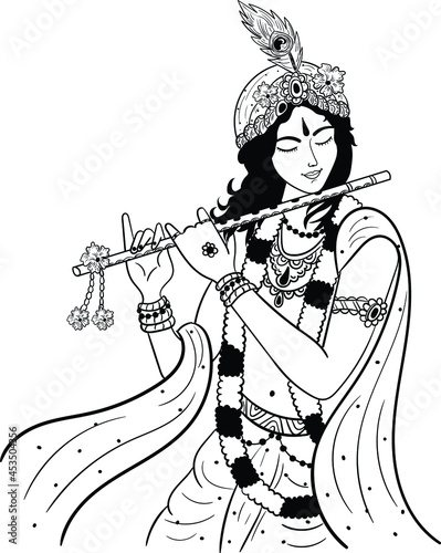 Lord Krishna plays his flute, vector Illustration. Happy Janmashtami,  annual Hindu festival greetings. Line art portrait of holy person. Indian  god lord krishna play flute(bansuri) clip art vector Stock-vektor | Adobe  Stock