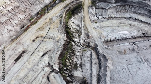 Total destruction of nature, landscape and water balance. There is hardly any greater impact on the environment than open-cast lignite mining. Aerial footage with panoramic view in Germany. 
