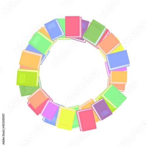 Round border from different books. Many books of different colors are laid out in a circle, the center is free, there is room for text. Vector illustration, flat cartoon color minimal design, isolated