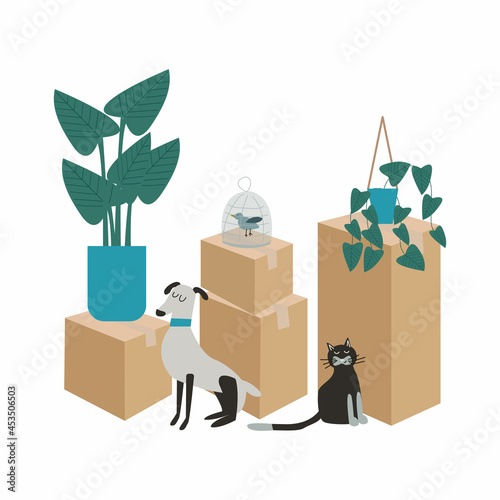 Moving to a new home with funny pets. The family moved to a new home. Paper cardboard boxes with various household items. Vector illustration in a flat style.	