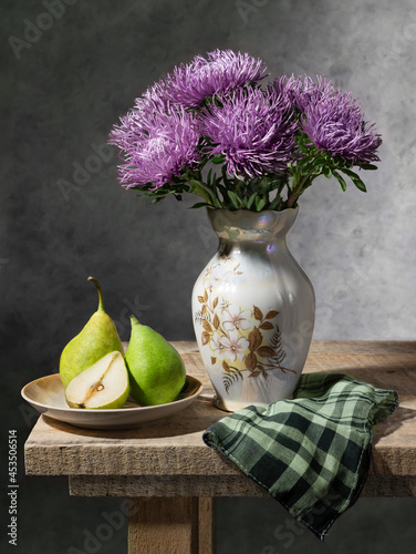 Asters and pears. Wonderful still life. Good illustration for book, journal or postcard.