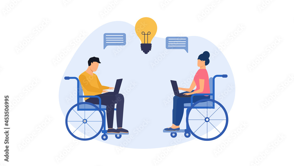 Disabled people work in the office, vector illustration for web banner, infographic