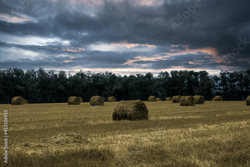 dark clouds are gathering over a field with bales of straw