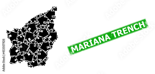 Scratched Mariana Trench stamp seal, and San Marino map collage of house icons. Green rectangle stamp seal contains Mariana Trench tag inside rectangle.