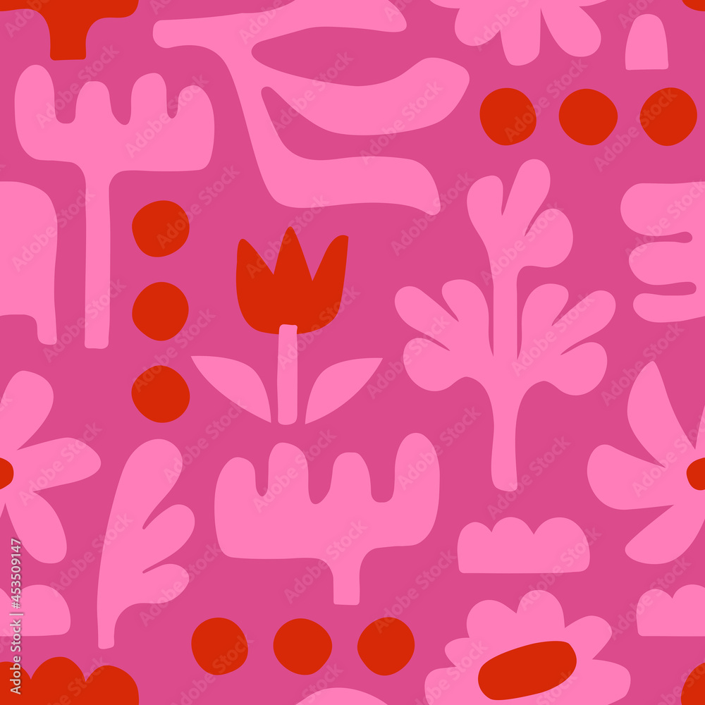 Simple abstract flower seamless pattern on pink background. Floral design. Vector illustration Simple abstract flower seamless pattern on pink background. Floral design. Vector illustration
