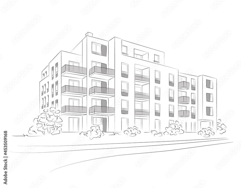 Vector linear project of block of flats. Architectural concept sketch of modern house.