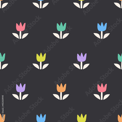 Simple seamless pattern with colorful flowers on black background. Floral design in pastel colors. Hand drawn vector illustration