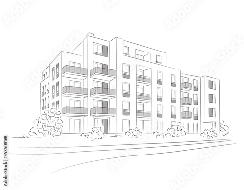 Vector linear project of block of flats. Architectural concept sketch of modern house.