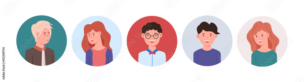 Set bundle of male and female characters with smiling face and different pose. Set bundle of male and female characters with smiling face and different pose.