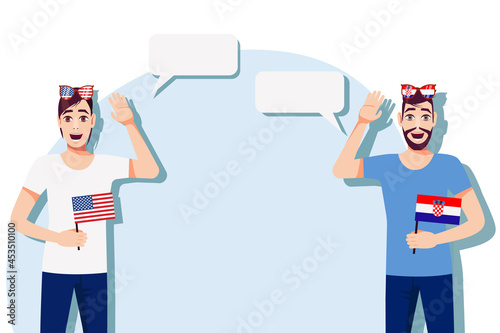 Men with American and Croatian flags. Background for the text. The concept of sports, political, education, travel and business relations between the USA and Croatia. Vector illustration.
