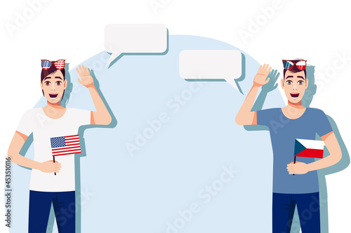 Men with American and Czech flags. Background for text. Communication between native speakers of the USA and Czech. Vector illustration.