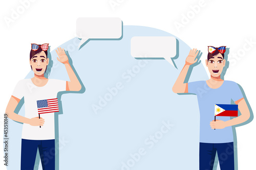 Men with American and Philippine flags. Background for the text. Communication between native speakers of the language. Vector illustration.
