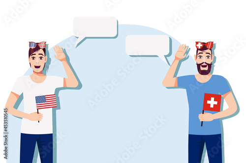 Men with American and Swiss flags. Background for the text. Communication between native speakers of the language. Vector illustration.