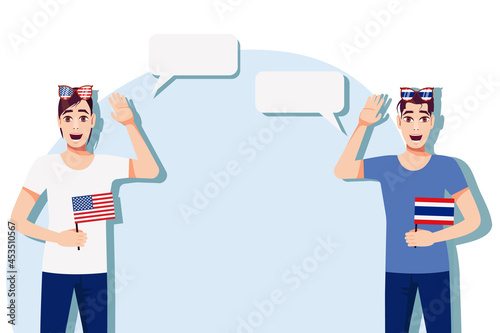 Men with American and Thai flags. The concept of international communication, education, sports, travel, business. Dialogue between the USA and Thailand. Vector illustration.
