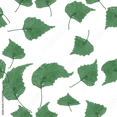 seamless pattern made of green leaves of different sizes and shapes.