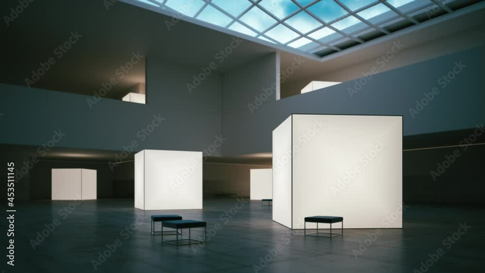 Modern interior of an art exhibition. Empty gallery interior. Exhibition center interior. Exhibition of contemporary art. Hall of modern art museum. 3d visualization