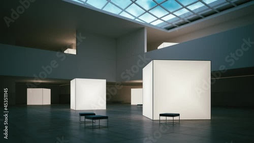 Modern interior of an art exhibition. Empty gallery interior. Exhibition center interior. Exhibition of contemporary art. Hall of modern art museum. 3d visualization photo