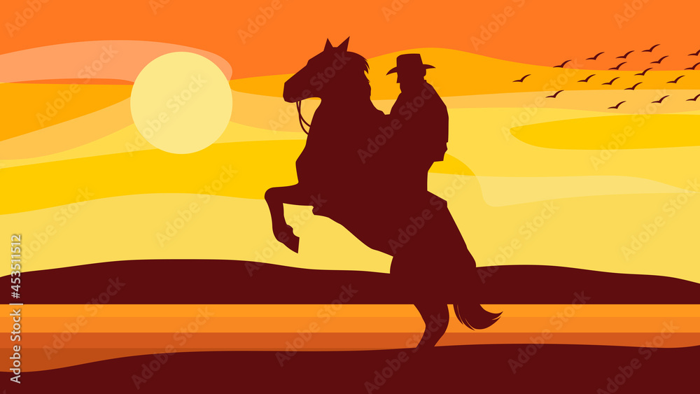 Cartoon Silhouette Of Cowboy On Horse. Vector Hand Drawn Illustration With Western Landscape Background Cartoon Silhouette Of Cowboy On Horse. Vector Hand Drawn Illustration With Western Landscape Background