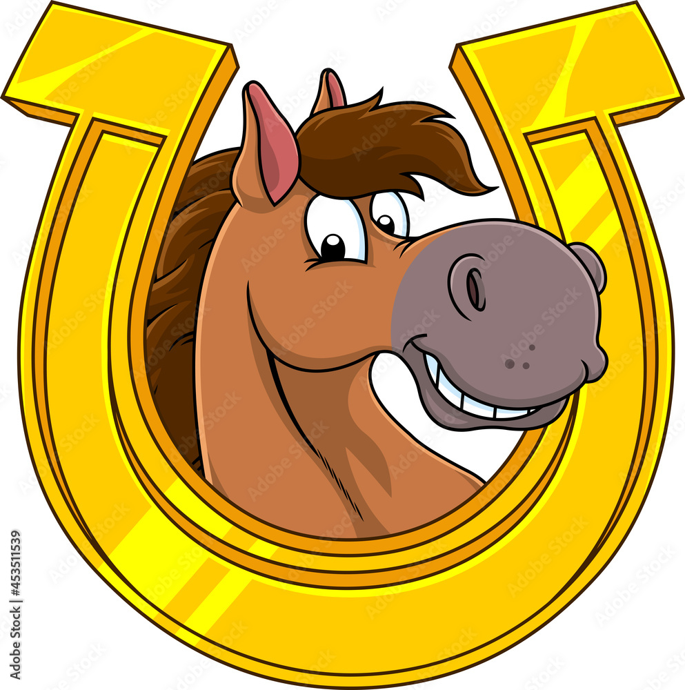 Smiling Horse Head Cartoon Mascot Character In A Golden Horseshoe
