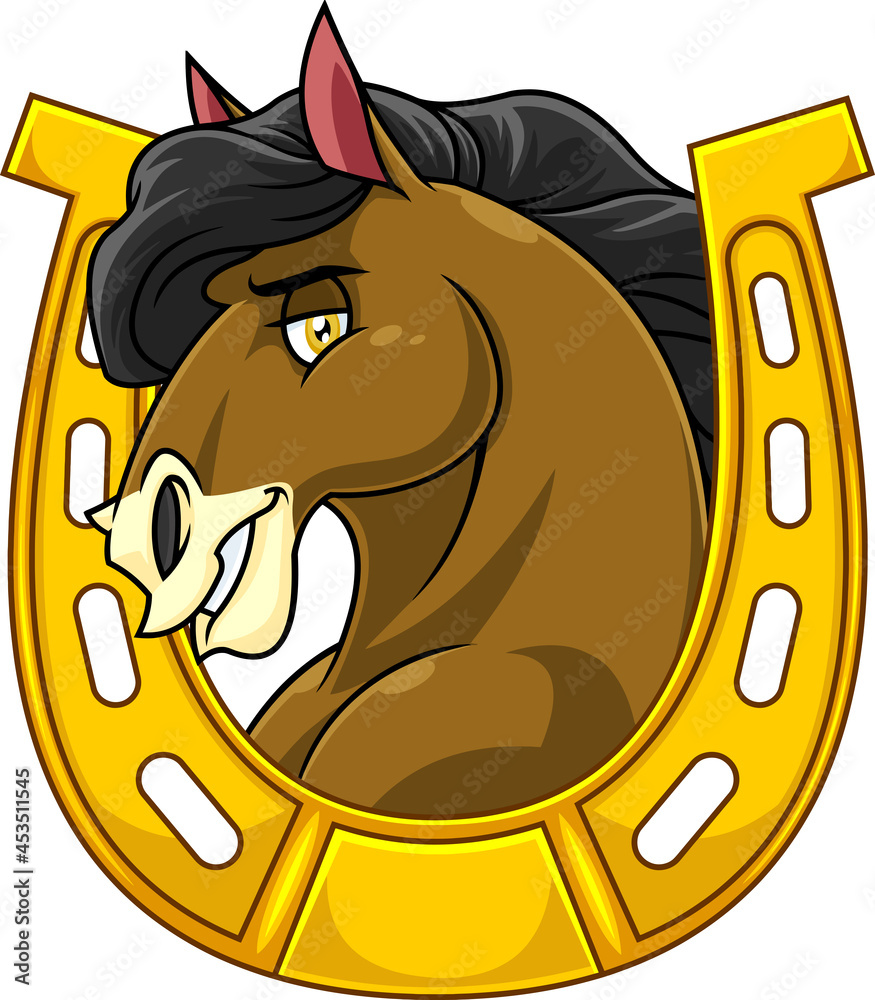 Horse Head Cartoon Mascot Character In A Horseshoe. Vector Hand Drawn Illustration Isolated On