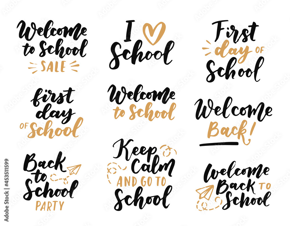 Set of Welcome back to school labels. School Background. Back to school sale tag. Vector illustration. Hand drawn lettering badges. Typography emblem set