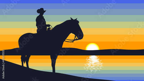 Cartoon Silhouette Of Cowboy On Horse. Vector Hand Drawn Illustration With Western Landscape Background