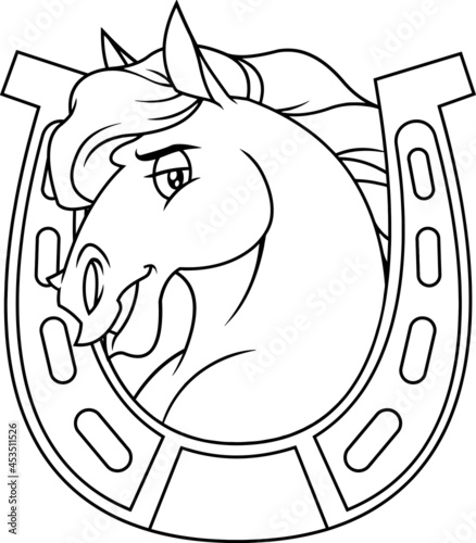 Outlined Horse Head Cartoon Mascot Character In A Horseshoe. Vector Hand Drawn Illustration Isolated On Transparent Background photo