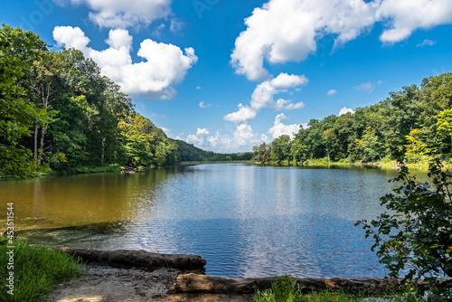 Landscape of lake and open blue sky in nature park in summer