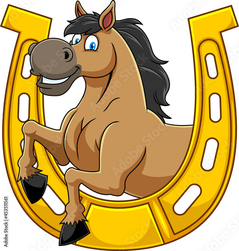 Outlined Horse Cartoon Mascot Character In A Horseshoe. Vector Hand Drawn Illustration Isolated On Transparent Background
