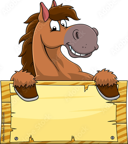 Horse Cartoon Mascot Character Over A Blank Wooden Sign Board. Vector Hand Drawn Illustration Isolated On Transparent Background