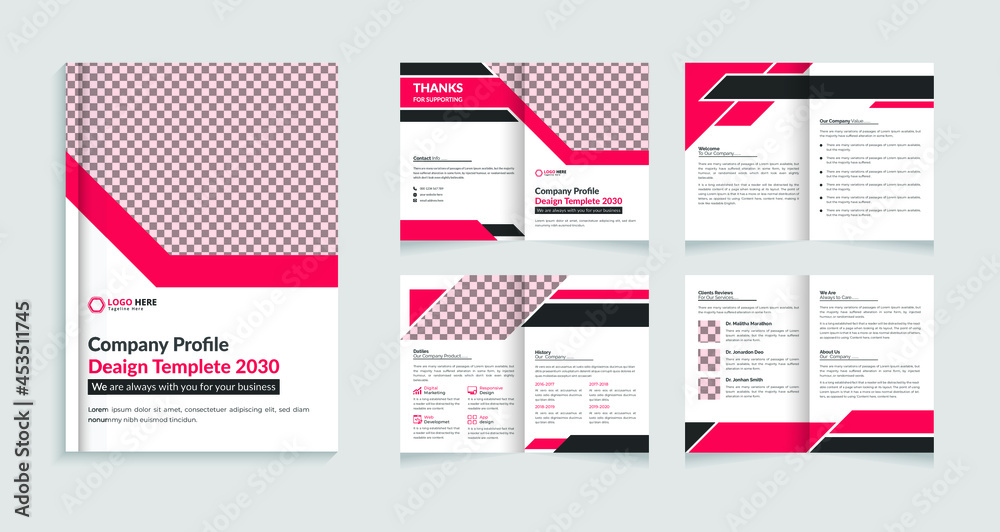 8 pages company profile design, Corporate modern bi fold brochure template and company profile with red and black creative shapes annual report design, Multipurpose editable template