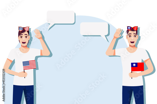 The concept of international communication, sports, education, business between the USA and Taiwan. Men with American and Taiwan flags. Vector illustration.