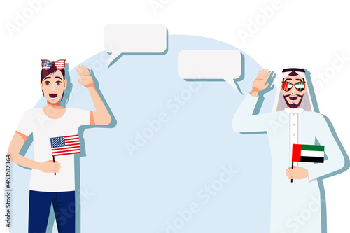 Men with American and UAE flags. The concept of international communication, education, sports, travel, business. Dialogue between the USA and the UAE. Vector illustration.