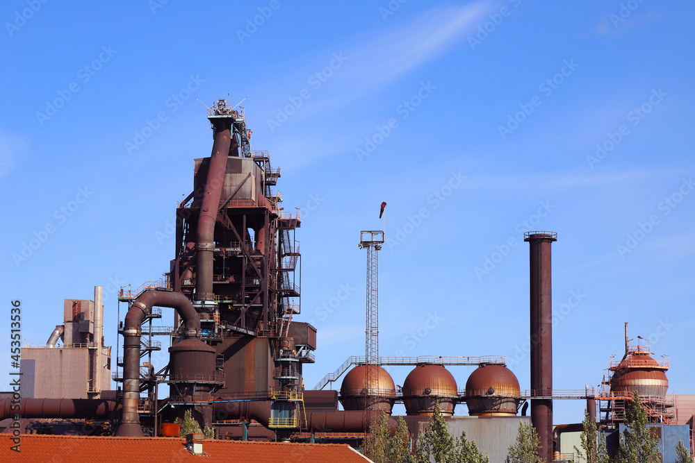 Exterior partial view of the ironworks blast furnace.