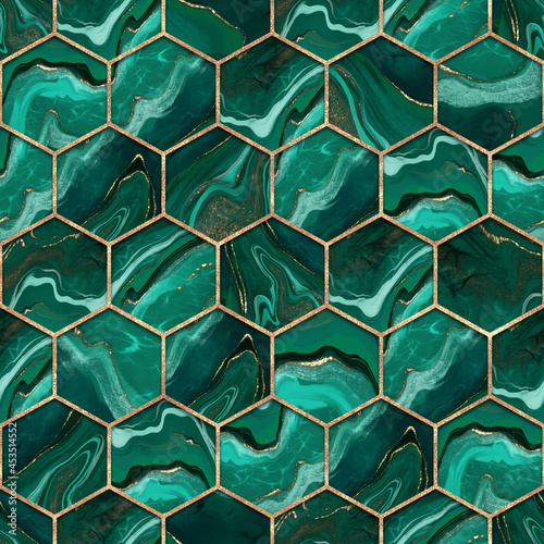 Schilderij op canvas Malachite hexagon seamless texture with gold. Abstract background