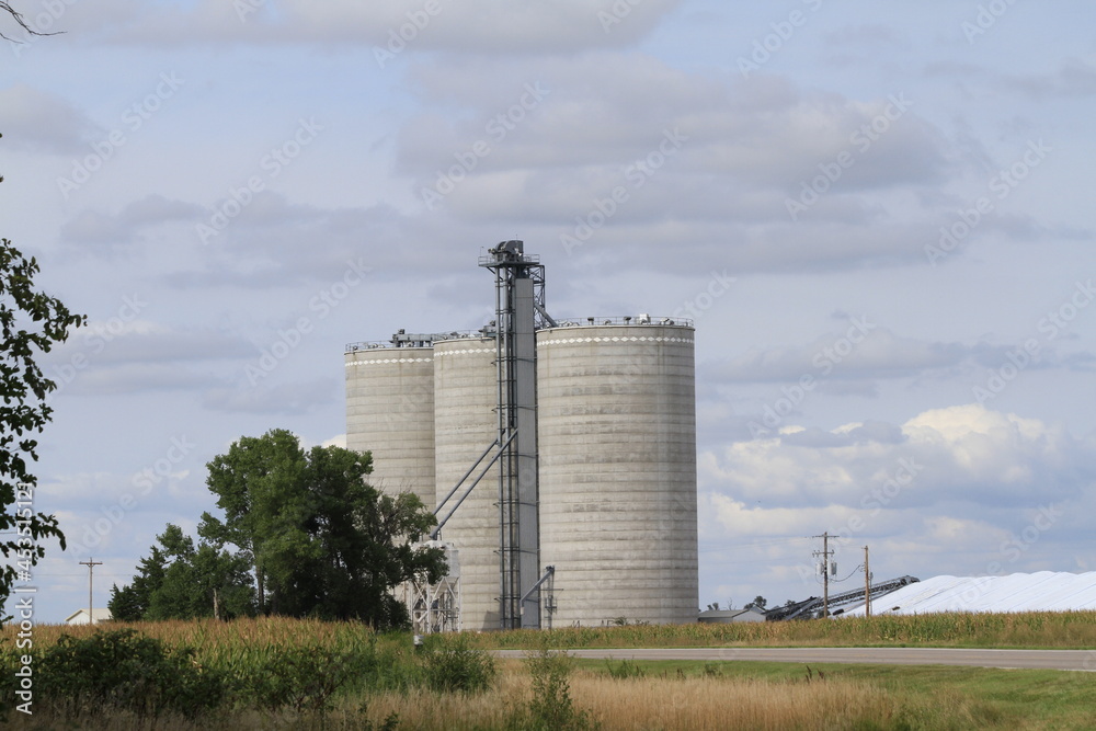 grain silos in the countryside with tree's and a blue sky with white clouds. North of Sterling Kansas USA.