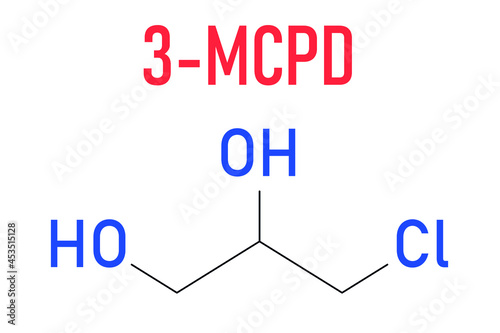 Skeletal formula of 3-MCPD carcinogenic food by-product molecule. Produced when hydrochloric acid is added to food to speed up protein hydrolysis. photo