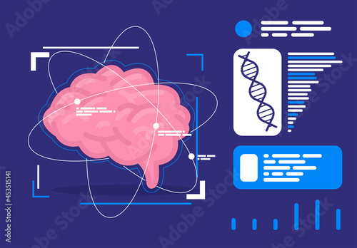 Vector illustration of the human brain with a futuristic design of elements, blocks of information with data on brain activity