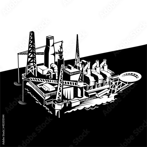 vector drawing of oil drilling platform in sea