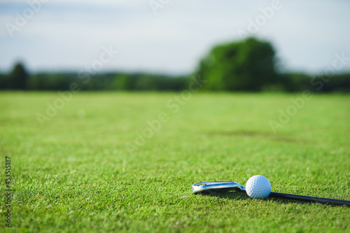 Golf ball and putter on the green grass next to the hole.