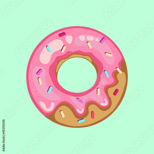 Vector illustration of cartoon colorful tasty donut isolated on milky green background with pink sugar glaze and multicolored sprinkles. © Squarelens