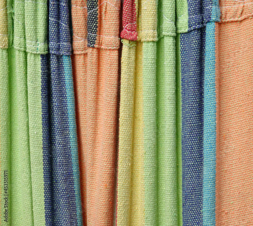 Colorful curtains hanging macro curtain detail. Vintage decoration