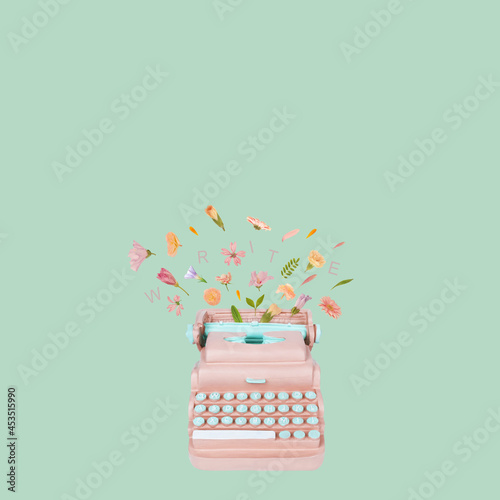 Typewriter keys keytops old style making lovely words of flowers. Creative literature poetry or nice words concept. Trendy pastel colors photo