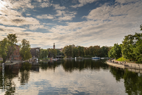Brda river in the center of Bydgoszcz. Mill Island. August 2021.
