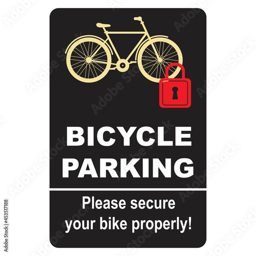 Bicycle sign with padlock and text 