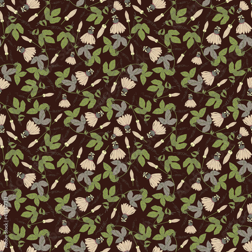 Seamless botanical dark pattern with pasiflora flowers