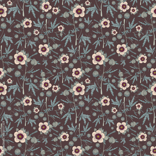Seamless botanical brown pattern with hibiscus flowers