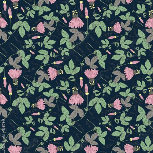 Seamless botanical dark pattern with pasiflora flowers
