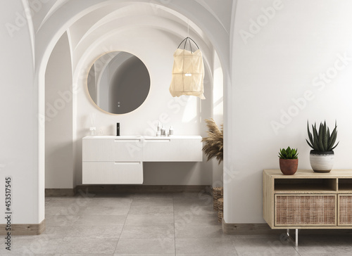 Modern mid century and minimalist bathroom interior  white decor concept  modern white bathroom cabinet and white bathtub with white wall on concrete floor. 3d rendering