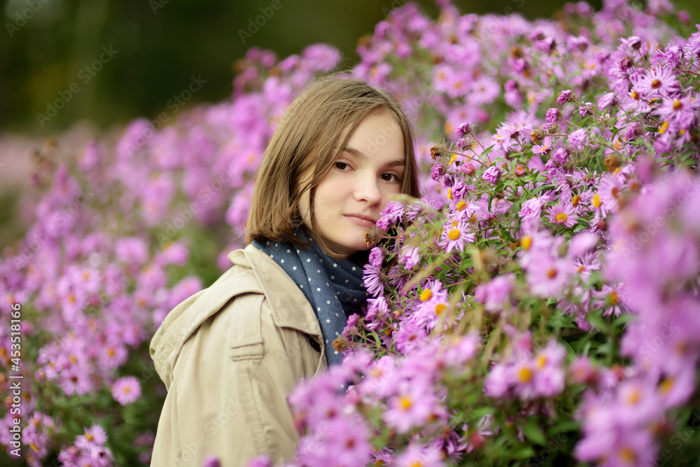 Fototapeta premium Portrait of teen girl with different shades of purple chrysantemum flowers in a backyard garden in autumn. Fall season.